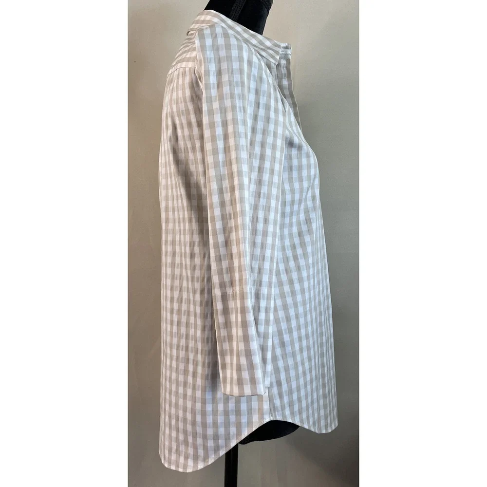 Lafayette 148 Small Button Down Shirt Blouse Tan Gingham Check 3/4 Sleeve Preppy - Picture 4 of 6